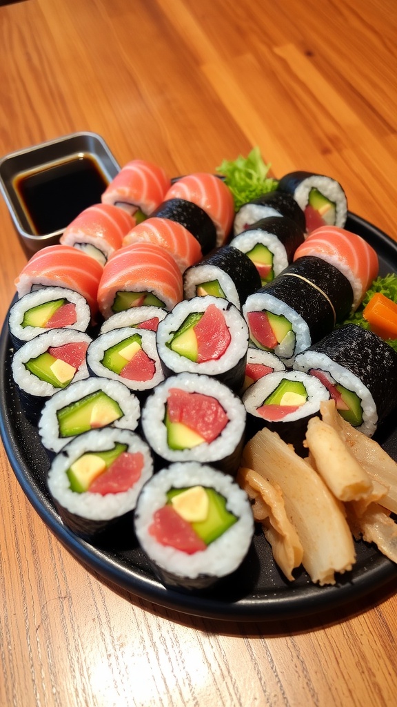 Freshly made sushi rolls arranged on a platter with tuna, avocado, and cucumber, served with soy sauce, wasabi, and pickled ginger.